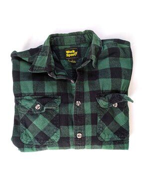 Work n' Sport Plaid Shirt - Men's L - Green & Black Flannel Outdoors Long Sleeve